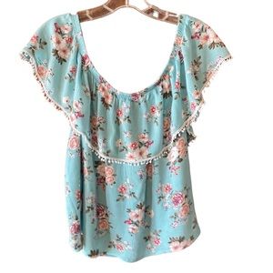 Turquoise Off the Shoulder Ruffles Fringe Floral Blouse